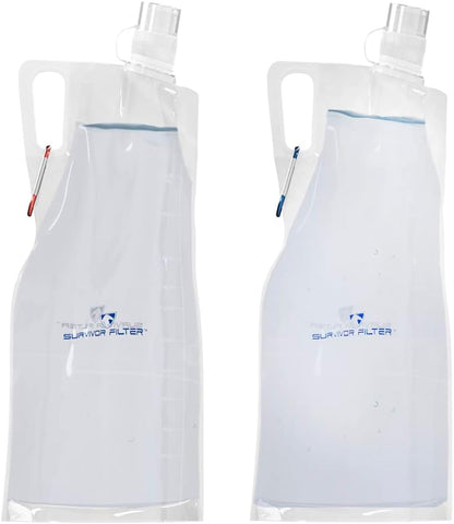 Survivor Filter Collapsible Water Bottles, Canteens (32oz) 2 Pack (2L Total) - Durable Carabiners and Handles. Squeeze Water through a Filter or Use as Water Bottles