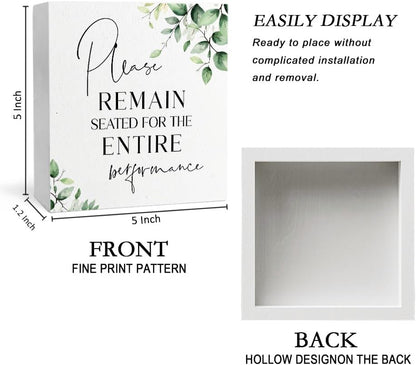 Funny Bathroom Signs, Please Remain Seated for the Entire Performance Wooden Box Sign, Eucalyptus Botanical Wood Signs Plaque for Restroom Washroom Toilet Counter Shelf Table Decor, 5x5 Inch