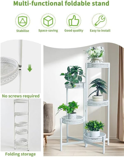 Metal Plant Stand Indoor Outdoor, 5 Tier Tall Flower Pot Holder Potted Display Rack Shelf, Heavy Duty Corner Plant Shelf for Patio Garden Balcony Living Room Bedroom - WhiteWave