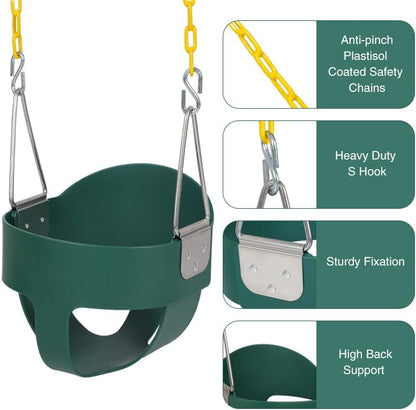 RedSwing Toddler Swing Set, Heavy Duty High Back Full Bucket Swing with Belt Swings Seat Combo Pack for Swingset, Tree Straps and 4 Hooks Included, Green