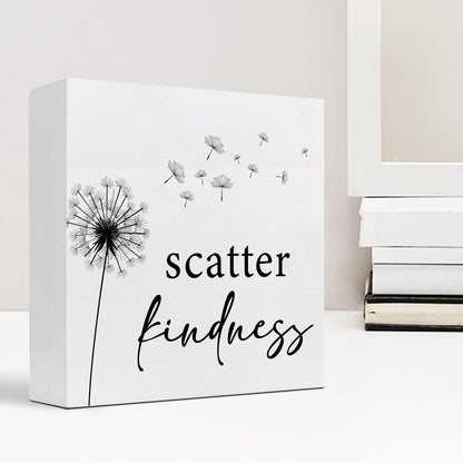 z-Crange Scatter Kindness Dandelion Wood Block Sign, Rustic Kindness Quote Wooden Box Plaque Sign for Home, College, Office Shelf, Table Decor