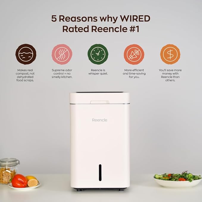 Reencle Gravity Electric Composter - 22L Kitchen Composter– Decomposes 3.3 lbs Daily, Odorless & Quiet Indoor Composting, Rapid Decomposition with All-New Compost Starter 2.0 + Booster Pack (Beige)