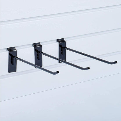 KINGDOM SOLUTIONS – 12-Pack Black Metal Slatwall Hooks (6X 4, 6X 6) – Heavy-Duty Slat Wall Accessories for Garage Organization, Retail Displays & Tool Storage Systems