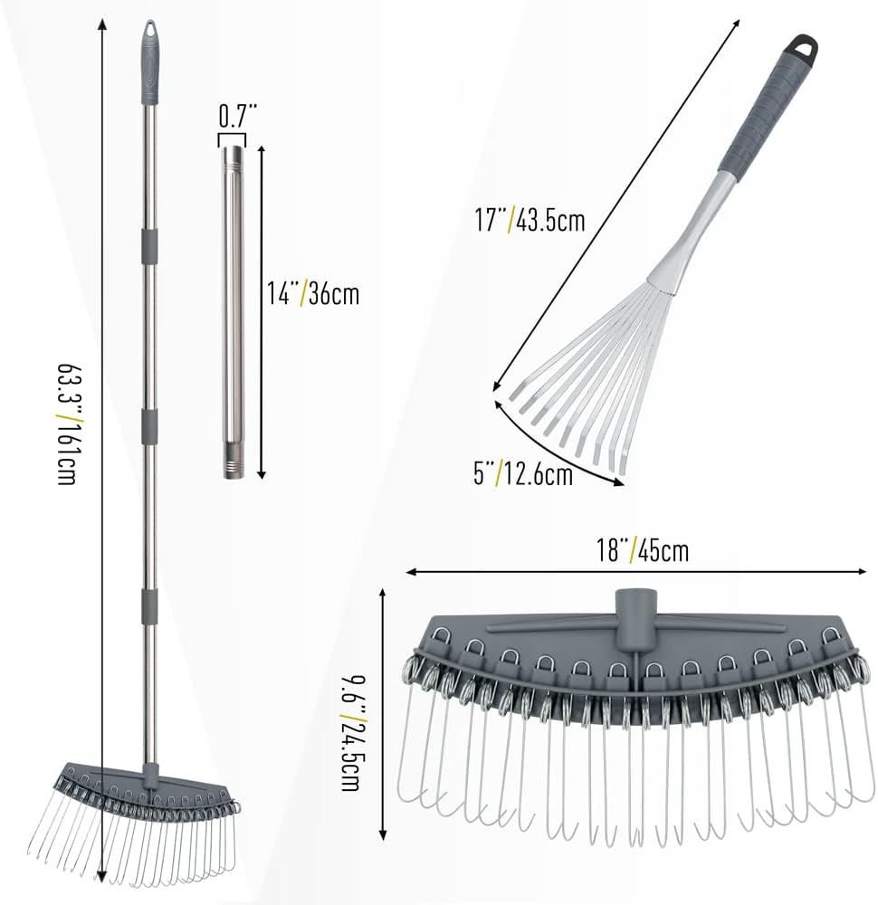 Thatch Rake Adjustable, Dethatcher Rakes 17"-63", Wide with 24 Metal Tines, Lightweight Garden Thatching Rakes Used for Mulch ,Leaves, Debris, Pine Needles, Shrub, Gravel