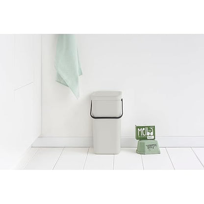 Brabantia Sort & Go Kitchen Recycling Bin | S / 4.2 Gal / 16L | Light Gray | Removable Stay-Open Lid, Carry Handle | Trash Can for Bottles, Cans, Paper, Glass | Wall-Mounting Bracket Included