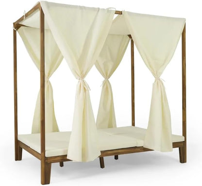 kevinplus Outdoor Patio Sunbed Daybed with Adjustable Reclining Chaise Lounge & Water-Resistant Canopy & Curtain, Solid Wood Construction, Cream White