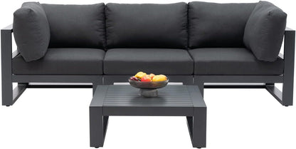 Modern 3 Seater Sofa Outdoor Sectional Sofa Set with Square Coffee Table Patio Conversation Sofa Sets for Garden Backyard, Dark Grey Cushions