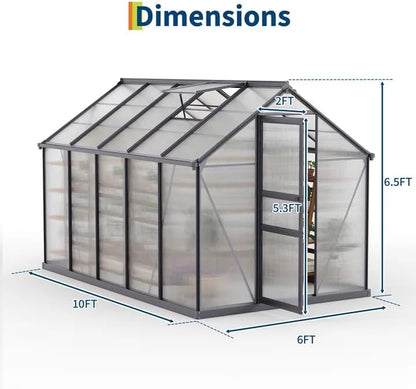 6*10 FT Outdoor Walk-in Greenhouse, Polycarbonate Green House, Heavy Duty Greenhouse with Vented Roof Window, Windproof Aluminum Frame, Suitable for Outside Gardening, Backyard, Patio