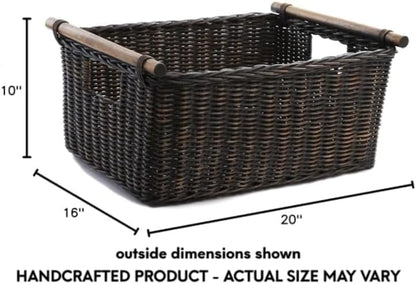 The Basket Lady Pole Handle Wicker Storage Basket, Extra Large, 20 in L x 16 in W x 10 in H, Antique Walnut Brown