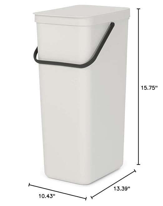 Brabantia Sort & Go Kitchen Recycling Bin | L / 10.6 Gal / 40L | Light Gray | Removable Stay-Open Lid, Carry Handle | Trash Can for Bottles, Cans, Paper, Glass | Wall Bracket Sold Separately