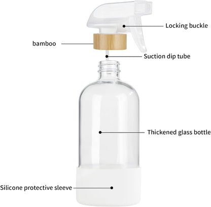 HOMBYS Empty Bamboo Glass Spray Bottles with Silicone Sleeve Protection - Refillable 17 oz Clear Glass Containers for Cleaning Solutions, Essential Oils, Misting Plants - Quality Sprayer - 1 PCS