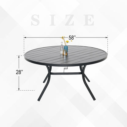 Outdoor Patio Round Dining Table, 58"x 58" Metal Slatted Round Tabletop with Adjustable Umbrella Hole for Deck Lawn Garden Backyard Balcony Deck, Black