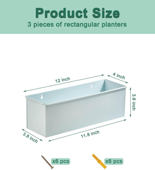 vensovo Metal Wall Hanging Planter Boxes – 12" Rectangle Flower Pots, 3 Pack with Drainage, Durable Galvanized Finish for Indoor Outdoor Balcony Fence Windowsill, White