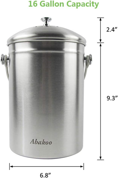 Compost Bin Countertop, Composter Bucket with Lid Abakoo 1.6 Gallon Stainless Steel Kitchen Waste Pail Plus 4pcs Bonus Charcoal Filters Clean & Odor Free