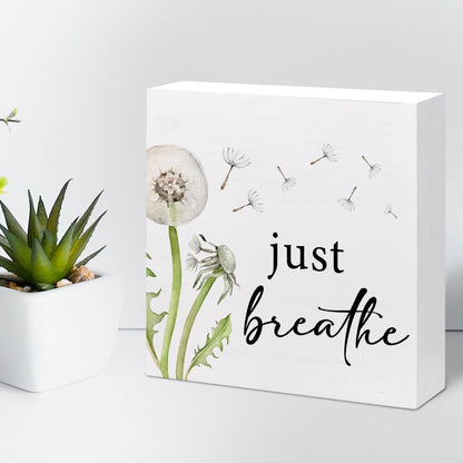 Z-Crange Just Breathe Dandelion Wood Block Sign, Rustic Wooden Plaque for Home, Bedroom, Meditation Space, Office, Shelf, Table Decor