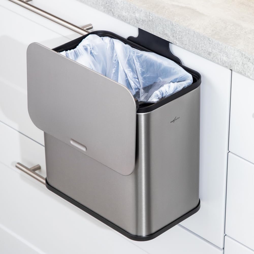 RED FACTOR Stainless Steel Hanging Trash Can with Lid and Inner Bucket – Slim 1.3 Gallon Odor-Free Compost Bin for Kitchen Cabinet, Countertop, Under Sink, or Bathroom (Metallic Gray)