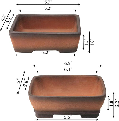 MUZHI 2 Pack Handmade Color Gradational Terracotta Bonsai Pot 5 Inch and 6 Inch with Drip Tray, Breathable Unglazed Rectangle Ceramic Planter for Tree Succulent Cactus