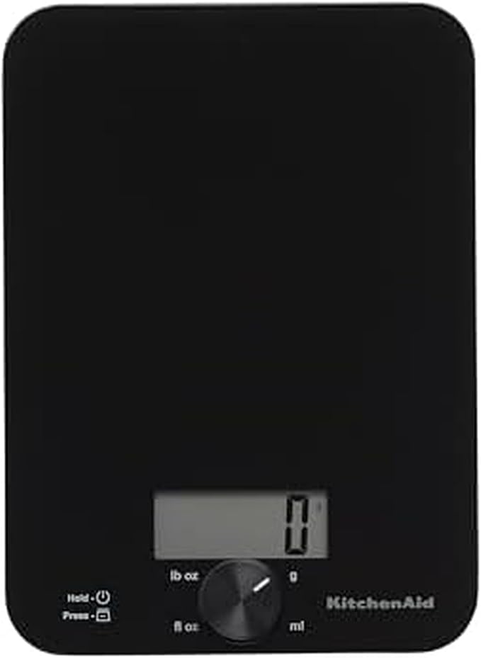 KitchenAid KQ914BA Digital Glass Top Kitchen and Food Scale, 11 lb Capacity, Measures Liquid & Dry Ingredients, Rotating Knob, Precise Results for Baking, Cooking, Keto and Meal Prep, Tare, Black