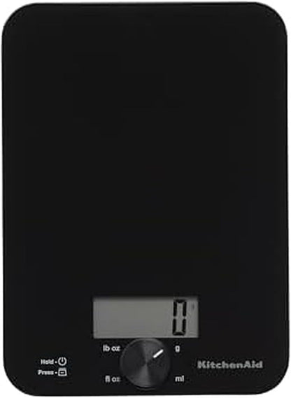 KitchenAid KQ914BA Digital Glass Top Kitchen and Food Scale, 11 lb Capacity, Measures Liquid & Dry Ingredients, Rotating Knob, Precise Results for Baking, Cooking, Keto and Meal Prep, Tare, Black