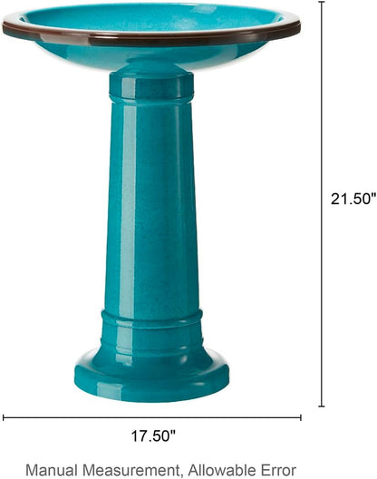 Glitzhome 21.5" H Plastic Turquoise Faux Ceramic Bird Bath for Outside, Hand-Painted Tall Pedestal Birdbath in Weather Resistant for Outdoor Patio Garden Backyard Decking