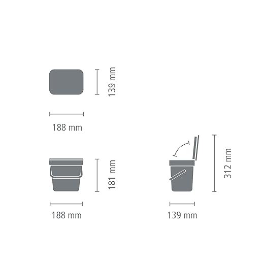 Brabantia Sort & Go Kitchen Countertop Food Scraps Compost Bin | XS / 0.8 Gal / 3L | Light Gray | Removable Stay-Open Lid, Carry Handle, Easy-Clean Recycling Box | Wall Bracket Sold Separately