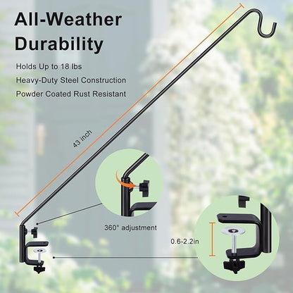 MIXXIDEA Deck Hook Outdoor Hanging Brackets：43 Inches Wall Mounted Hook Plants & Wind Chimes Risk-Free Lanterns Large Wind Chimes Lanterns