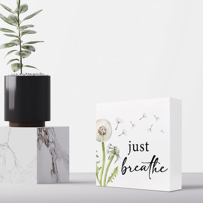 Z-Crange Just Breathe Dandelion Wood Block Sign, Rustic Wooden Plaque for Home, Bedroom, Meditation Space, Office, Shelf, Table Decor