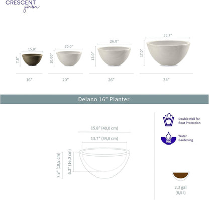 Crescent Garden Delano Bowl Planter, Indoor Outdoor Round Shallow Plant Pot for Water Garden, Bonsai Plant Pots, Succulents with Drain Hole - Double Walled Bowl Lotus Pot, 16" W (Mocha)