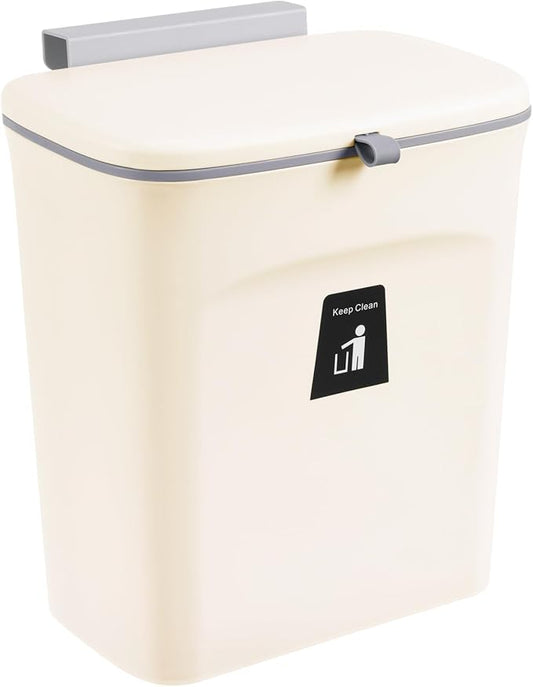 Tiyafuro 2.4 Gallon Kitchen Compost Bin for Counter Top or Under Sink, Hanging Small Trash Can with Lid for Cupboard/Bathroom/Bedroom/Office/Camping, Mountable Indoor Compost Bucket, Beige
