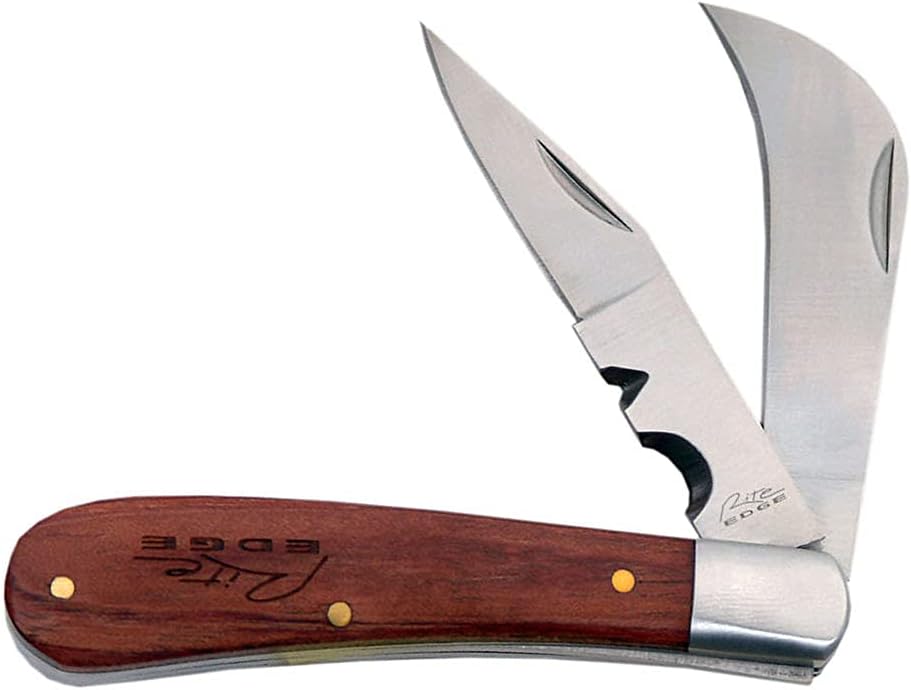 Rite Edge 4" Folding Pruning Knife – Dual Blade Pocket Knife for Men with Wood Handle, Clip Point & Curved Pruning Blade – Small Folding Pocket Knife for Gardening, Outdoor, and Everyday Carry (EDC)