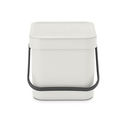 Brabantia Sort & Go Kitchen Countertop Food Scraps Compost Bin | XS / 1.6 Gal / 6L | Light Gray | Removable Stay-Open Lid, Carry Handle, Easy-Clean Recycling Box | Wall-Mounting Bracket Included