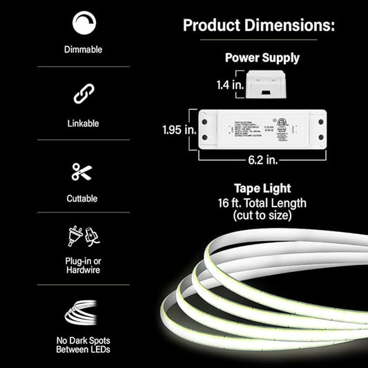 Feit Electric 16 ft LED COB Tape Light, 2950 Lumens Total, 3000K Bright White, Dimmable with Included Remote, Plug-in or Direct Wire Installation, Ultrathin Continuous Strip Lighting, TAPE192/COB/LED