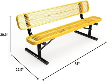 Coated Outdoor Furniture Heavy-Duty Portable Outdoor Bench Thermoplastic Coated, Expanded Metal, Commercial-Grade Seating, Made in America (Portable with Back, 6 Ft, Yellow)