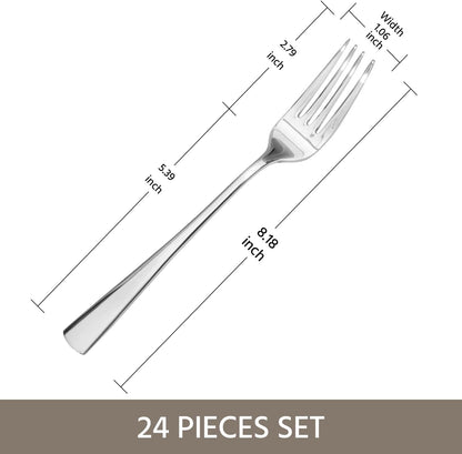 KINGSTONE 24 Piece Dinner Forks Set, 18/10 Stainless Steel Forks, Silver Food Grade Fork Set of 24, Metal Forks for Home, Kitchen, Weddings, Parties or Restaurant, Dishwasher Safe-8.18inches