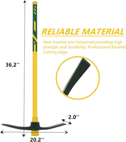 GloriousAMC Heavy Duty Mattock, 36" Fiberglass Handle, Yellow, Steel, Multipurpose Garden Tool, Chopping Soil, Gardening