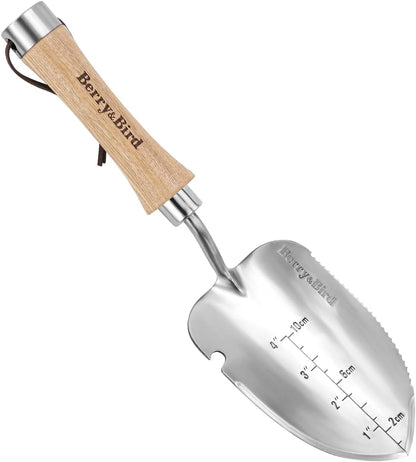 Berry&Bird Weeding Trowel, Multi- Use Hand Shovel with Serrated Blade Stainless Steel Garden Trowel Plus Size Potting Trowel with Wooden Handle for Transplanting, Digging, Measuring, Cutting Roots