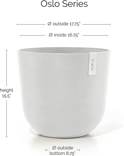 Ecopots Oslo Durable Modern Round Indoor/Outdoor Recycled-Based Composite Flower Pot Planter, Pure White, 17.75"