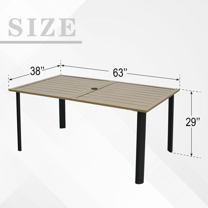 Outdoor Patio Table for 6 Person, Patio Dining Rectangle Table with 1.57" Umbrella Hole for Garden Lawn Backyard Parties, Black Metal Frame 63" L x 38" W x 29" H Brown