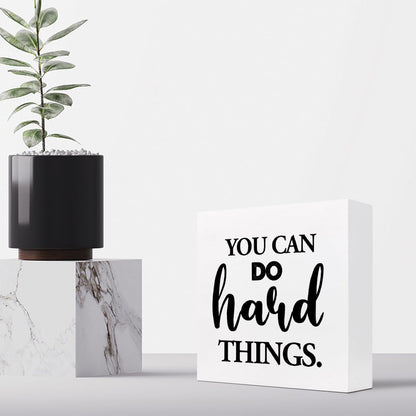 z-crange You Can Do Hard Things Wood Block Sign Desk Decor,Rustic Inspirational Wooden Box Plaque Sign Desk Decor for Home Office Shelf Table Decor Decorations