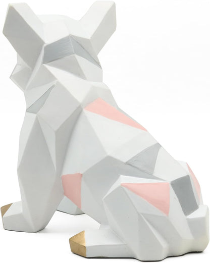 POTAMI Bulldog Sculpture Statue Geometric Gifts Figurine, Modern Art Decor, White and Pink with Gold Feet