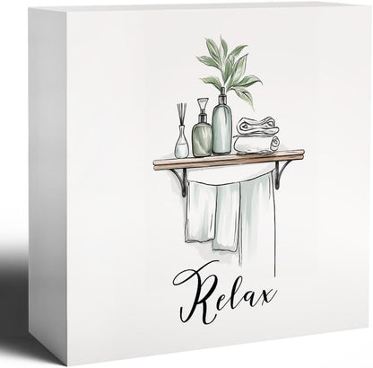 Relax Funny Bathroom Wooden Box Sign, Eucalyptus Botanical Wood Signs for Restroom Bathroom Toilet Half Bath Shelf Counter Decor, 5x5 Inch