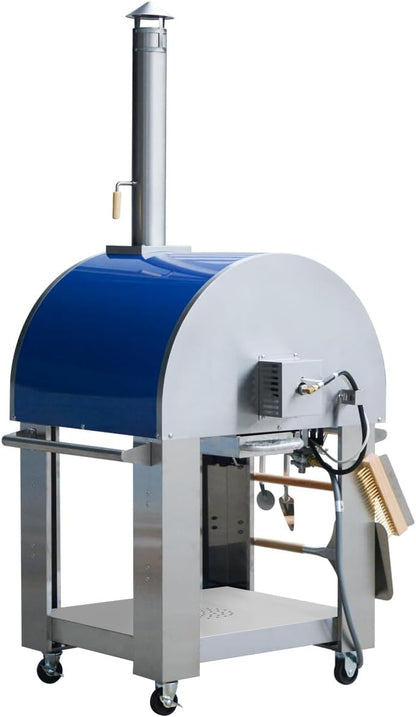 32.5 inch Propane Gas and Wood Fired Pizza Oven with Waterproof Cover, Large Stainless Steel Pizza Oven for Outdoor, Backyard and Party (Blue)