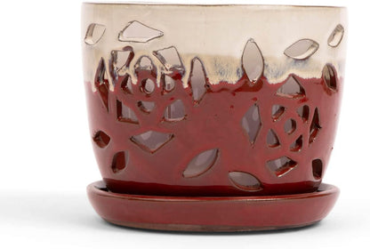 rePotme Orchid Pot - 5 inch Floral Cutout Ceramic Orchid Pot with Holes (Cream Over Garnet) - Includes Free 5 inch Slotted Pot Liner