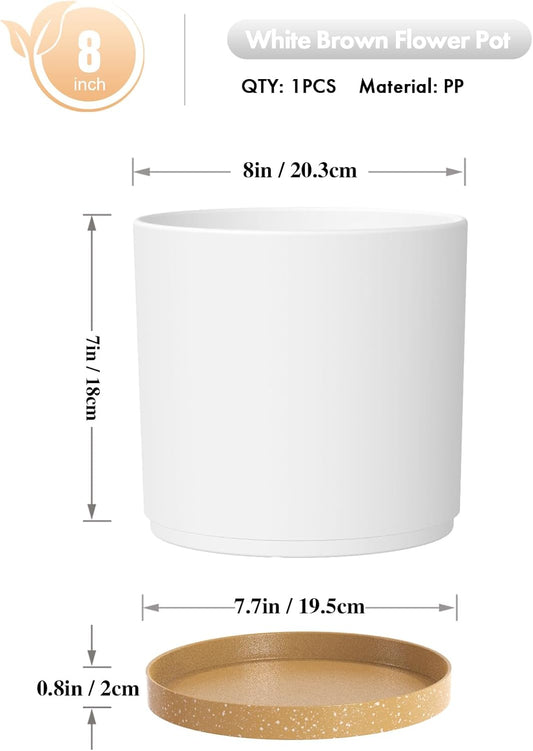8 Inch Cylinder Flower Pots for Indoor Outdoor Plants, Medium Deep Plant Pots with Drainage Holes & Saucer, Decorative Plastic Planter Pots for Garden House Plants, White with Brown