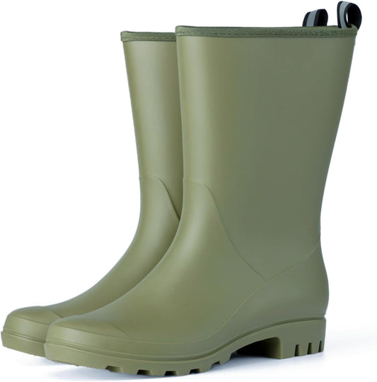 Mid Calf Rain Boots Women Waterproof PVC Womens Rubber Rain Boot Seamless Rain Footwear Outdoor Garden Work Walking