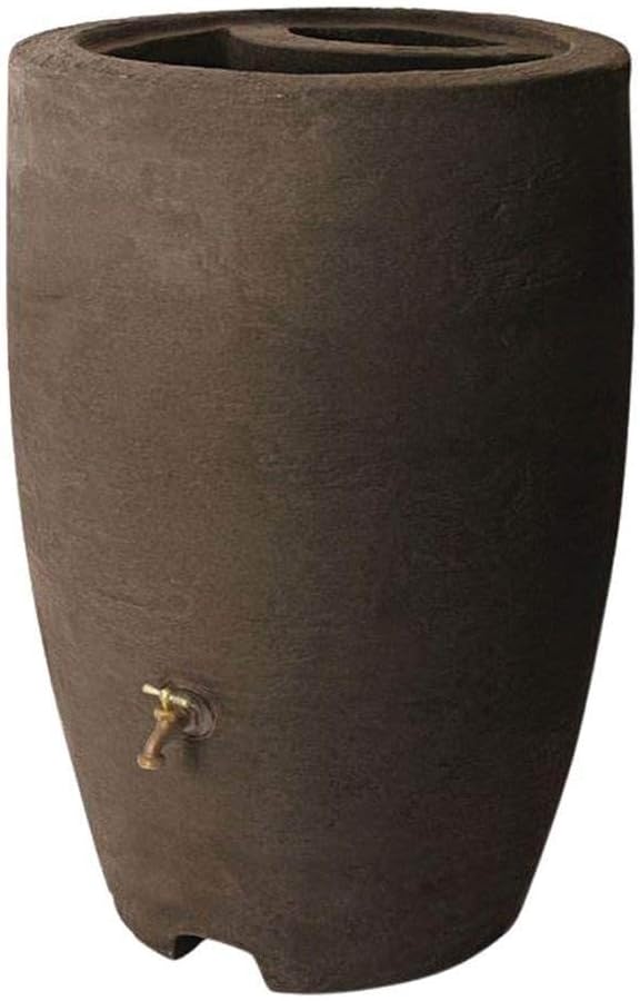 Algreen Plastic Rain Barrel, 50 Gallon Drum - Rainwater Tank w/Brass Spigot & Screen Guard for Rain Water Collection & Storage - Athena, Brownstone