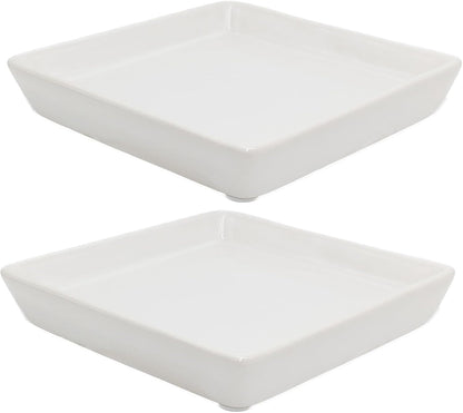 Square Plant Saucer 4 Inch 2 Pack，Plant Trays for Pots, White Ceramic Plant Saucers for Indoors Outdoors, Plant Drip tray 4 6 8 10 12 14 Inch