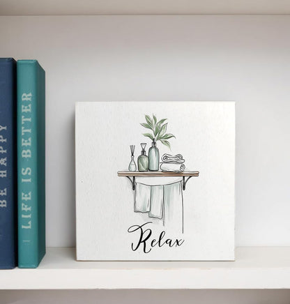Relax Funny Bathroom Wooden Box Sign, Eucalyptus Botanical Wood Signs for Restroom Bathroom Toilet Half Bath Shelf Counter Decor, 5x5 Inch
