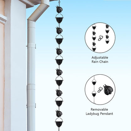 9.2 FT Rain Chain, Black Rain Gutter Chains with 12 Cups & Detachable Ladybugs Decor, Adjustable Rain Catcher Chain for Outddor Decor, Replacement for Downspout