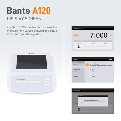 Bante A120 Laboratory pH Meter | Benchtop pH Meter | ±0.002 pH Accuracy, 5 Points Calibration, Selectable ORP Measurement Mode, Auto-Read Endpoint, 1000 Sets of Data Storage